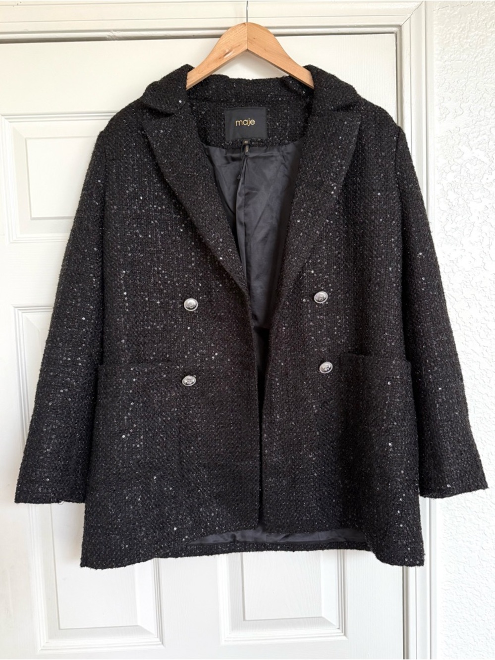 Maje Venatelli Blazer Black Sequined Tweed Double-Breasted Size Large (40) - Picture 3 of 8